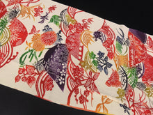 Load image into Gallery viewer, KK907A9 Silk Kimono Fabric Vintage(1950-1980) Birds Chrysanthemum Bellflower Ivory 59.4x12.6in(151x32cm)
