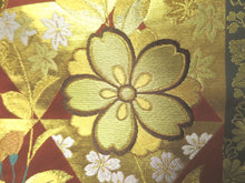 Load image into Gallery viewer, Fukuro Obi Gold Vermillion Cherry Blossom Silk BB12W1
