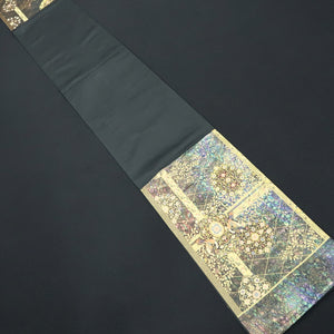 Fukuro Obi Black Gold Mukaibato Flower Silk BB227V3