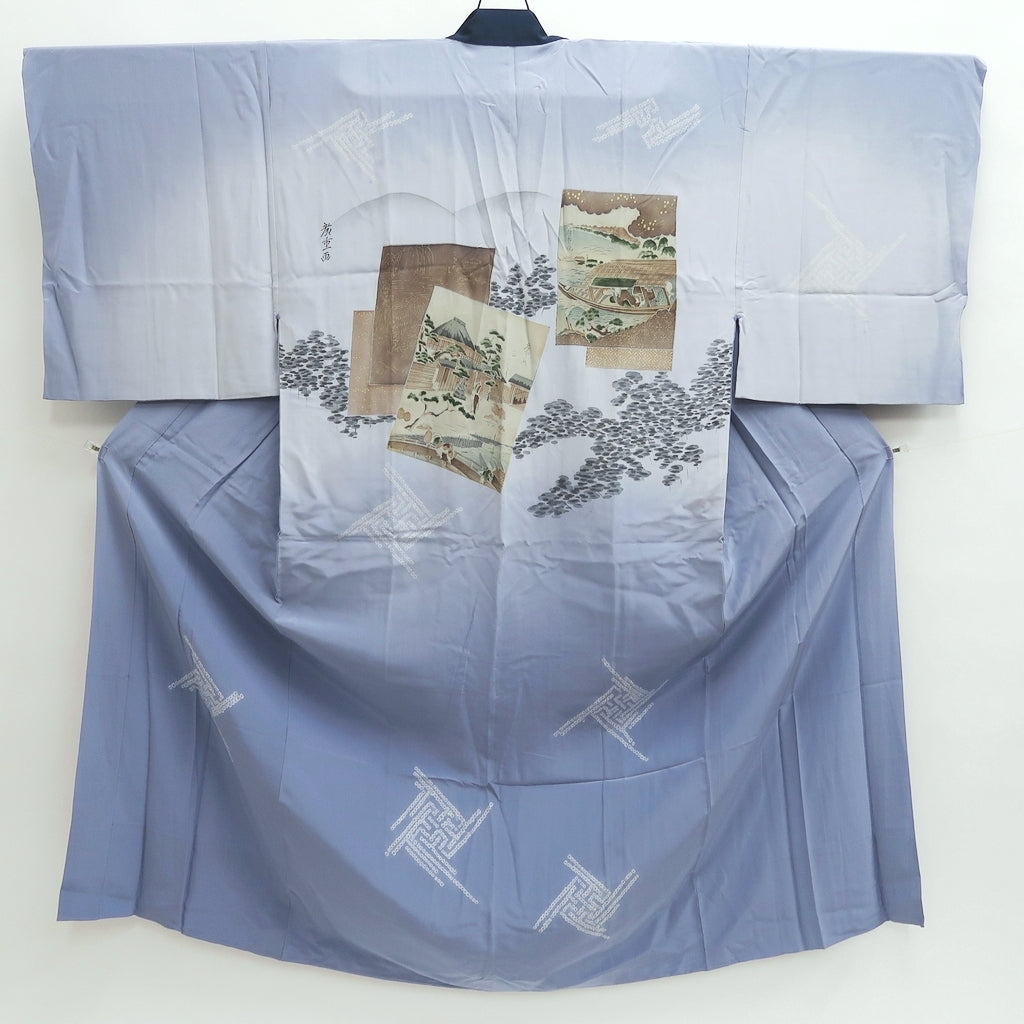 Men's Juban Light Gray Light Blue Gradation Landscape Ukiyoe Silk #9482G5