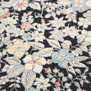 KK985B1 Silk Kimono Fabric Vintage(1950-1980) Maple Leaf Chrysanthemum Black 57.1x12.6in(145x32cm)
