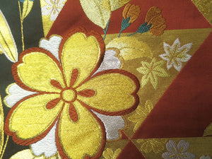Fukuro Obi Gold Vermillion Cherry Blossom Silk BB12W1