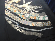 Load image into Gallery viewer, BCF#2784 Silk Tomesode Fabric Phoenix Birds Gold Black 33.5x14.2in(85x36cm)
