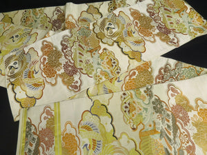 Maru Obi Vintage(1920-1950) Beige Gold Crane Birds Chrysanthemum Silk BB55W4