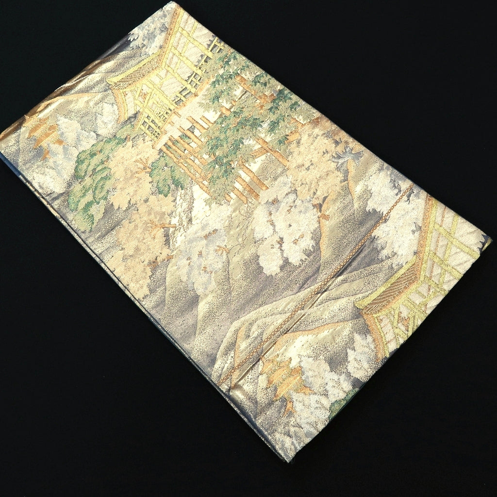 Fukuro Obi Vintage(1950-1980) Gold Kiyomizu Temple Kyoto Landscape Silk BB228V3