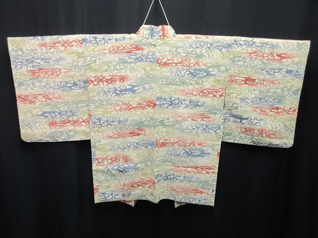 Haori Jacket Vintage(1950-1980) Cream white Maple Leaf Camellia Silk #7616H4