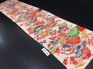 KK908A9 Silk Kimono Fabric Vintage(1950-1980) Birds Chrysanthemum Bellflower Ivory 59.1x12.6in(150x32cm)