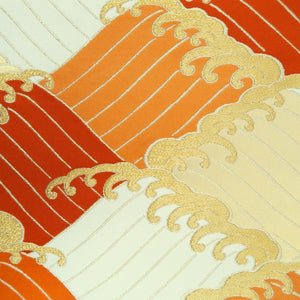 Fukuro Obi Vintage(1950-1980) White Gold Orange Wave Silk BB256V5