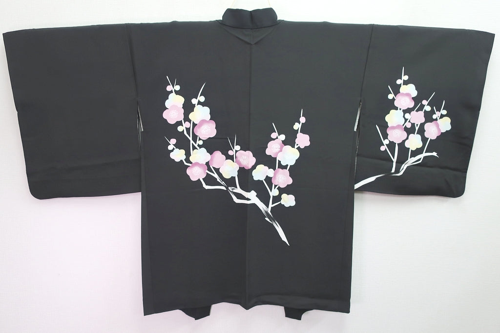Haori Jacket Vintage(1950-1980) Black Plum blossom Branch Silk #8369D1