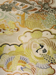 Maru Obi Vintage(1920-1950) Beige Gold Crane Birds Chrysanthemum Silk BB55W4