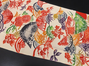 KK908A9 Silk Kimono Fabric Vintage(1950-1980) Birds Chrysanthemum Bellflower Ivory 59.1x12.6in(150x32cm)
