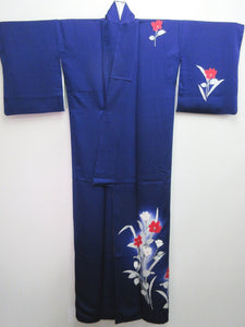 Kimono Dark Blue Flower Tsukesage Tall Silk #8253B5