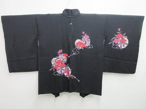 Haori Jacket Vintage(1950-1980) Black Bellflower Tsuzumi Silk #7644J1
