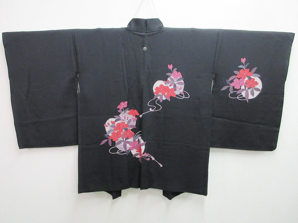 Haori Jacket Vintage(1950-1980) Black Bellflower Tsuzumi Silk #7644J1