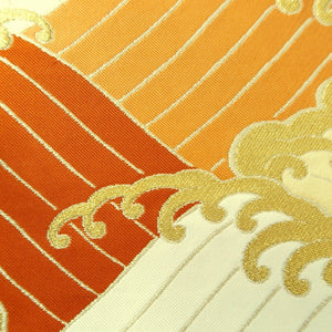 Fukuro Obi Vintage(1950-1980) White Gold Orange Wave Silk BB256V5