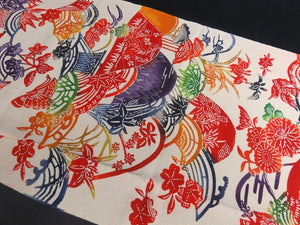 KK908A9 Silk Kimono Fabric Vintage(1950-1980) Birds Chrysanthemum Bellflower Ivory 59.1x12.6in(150x32cm)