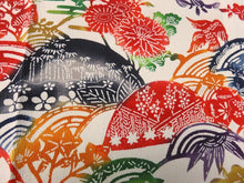 Load image into Gallery viewer, KK908A9 Silk Kimono Fabric Vintage(1950-1980) Birds Chrysanthemum Bellflower Ivory 59.1x12.6in(150x32cm)

