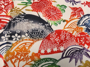 KK908A9 Silk Kimono Fabric Vintage(1950-1980) Birds Chrysanthemum Bellflower Ivory 59.1x12.6in(150x32cm)