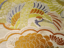 Load image into Gallery viewer, Maru Obi Vintage(1920-1950) Beige Gold Crane Birds Chrysanthemum Silk BB55W4
