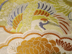 Maru Obi Vintage(1920-1950) Beige Gold Crane Birds Chrysanthemum Silk BB55W4