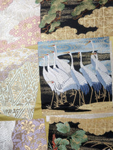Load image into Gallery viewer, Fukuro Obi Vintage(1950-1980) Light Yellow brown Gold Black Crane Birds Silk BB96W6
