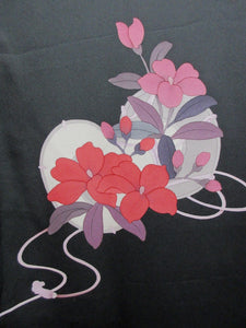 Haori Jacket Vintage(1950-1980) Black Bellflower Tsuzumi Silk #7644J1