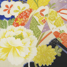 Load image into Gallery viewer, KK1357B7 Silk Kimono Fabric Vintage(1920-1950) Chrysanthemum Blue Black 50.0x13.4in(127x34cm)
