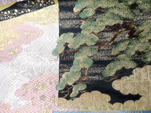 Load image into Gallery viewer, Fukuro Obi Vintage(1950-1980) Light Yellow brown Gold Black Crane Birds Silk BB96W6
