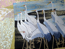 Load image into Gallery viewer, Fukuro Obi Vintage(1950-1980) Light Yellow brown Gold Black Crane Birds Silk BB96W6
