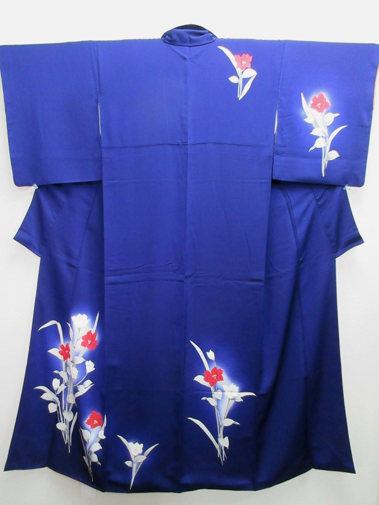 Kimono Dark Blue Flower Tsukesage Tall Silk #8253B5