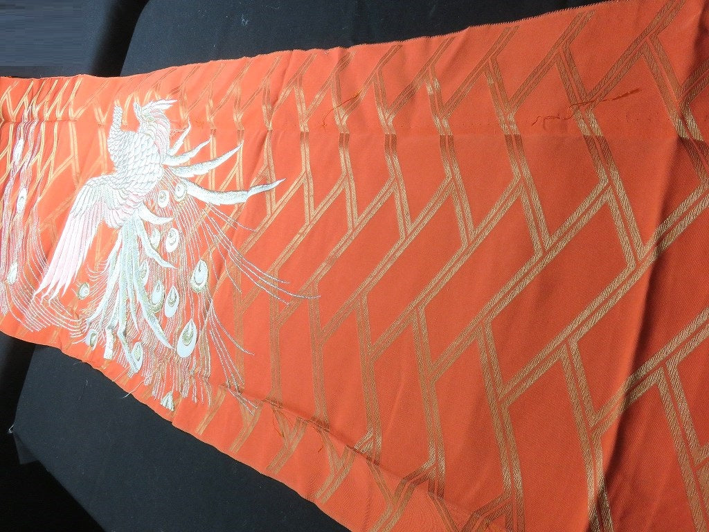 BCF#2823 Silk Kimono Fabric Vintage(1950-1980) Embroidery Peacock Vermillion 145cm (57.1in)