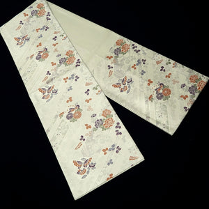 Fukuro Obi Silver Butterfly Peony Silk BB243V4