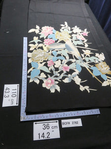 BCF#2762 Silk Tomesode Fabric Vintage(1950-1980) Embroidery Rose Birds Blue Gold Black 110cm (43.3in)