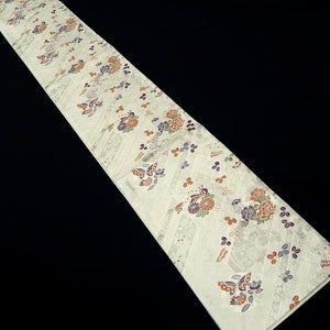 Fukuro Obi Silver Butterfly Peony Silk BB243V4