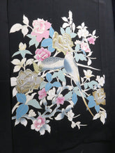 Load image into Gallery viewer, BCF#2762 Silk Tomesode Fabric Vintage(1950-1980) Embroidery Rose Birds Blue Gold Black 110cm (43.3in)
