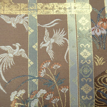 Load image into Gallery viewer, Fukuro Obi Light Brown Gold Crane Birds Peony Palace Silk BB214V3
