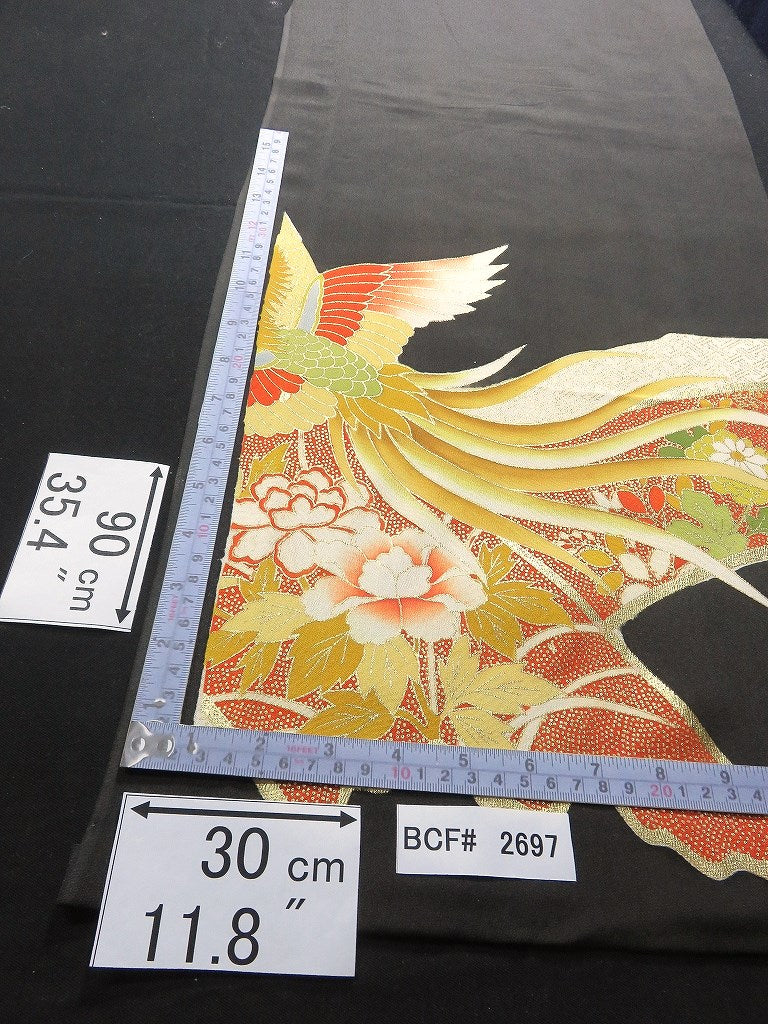 BCF#2697 Silk Tomesode Fabric Vintage(1950-1980) Feather Gold Black 90cm (35.4in)
