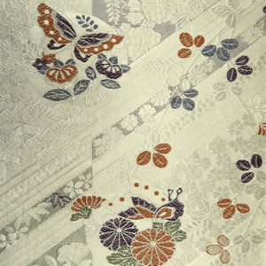 Fukuro Obi Silver Butterfly Peony Silk BB243V4