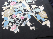 Load image into Gallery viewer, BCF#2762 Silk Tomesode Fabric Vintage(1950-1980) Embroidery Rose Birds Blue Gold Black 110cm (43.3in)
