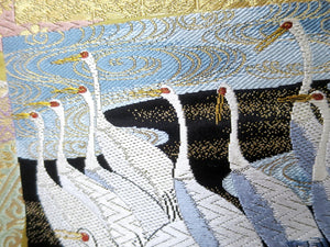 Fukuro Obi Vintage(1950-1980) Light Yellow brown Gold Black Crane Birds Silk BB96W6