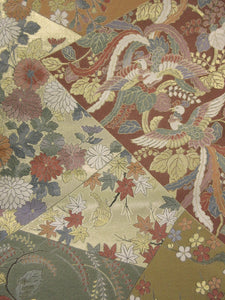 Fukuro Obi Vintage(1950-1980) Gold Beige Chrysanthemum Houmongi Silk BB76W5