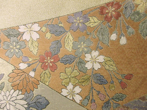 Fukuro Obi Vintage(1950-1980) Gold Beige Chrysanthemum Houmongi Silk BB76W5