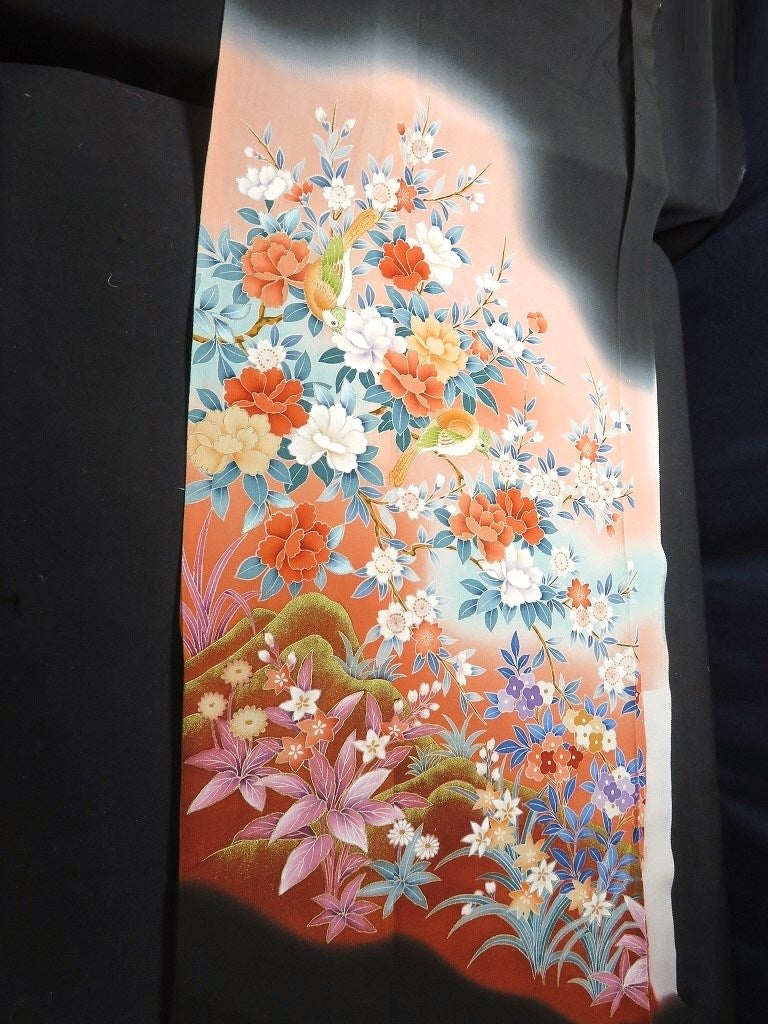 BCF#2763 Silk Tomesode Fabric Vintage(1950-1980) Birds Cherry Blossom Red Black 95cm (37.4in)