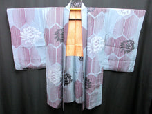 Load image into Gallery viewer, Haori Jacket Vintage(1920-1950) Light Blueish Gray Wine red Black Leaf Long Silk #7618H4
