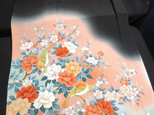 BCF#2763 Silk Tomesode Fabric Vintage(1950-1980) Birds Cherry Blossom Red Black 95cm (37.4in)
