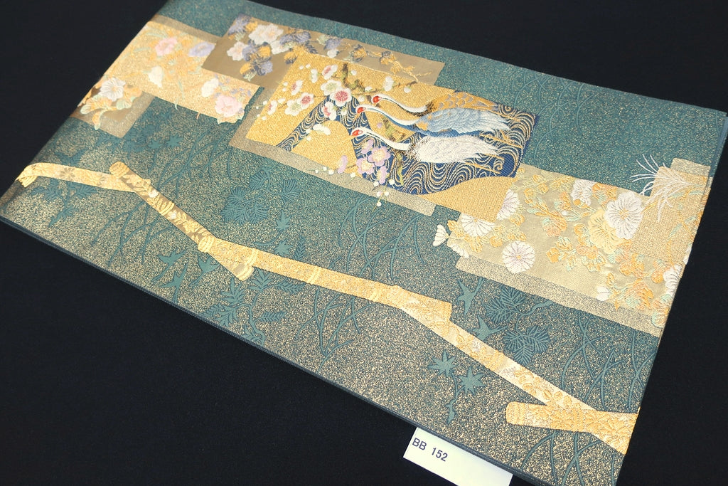 Fukuro Obi Greenish Gray Gold Crane Birds Plum blossom Silk BB152W9