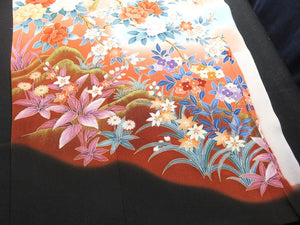 BCF#2763 Silk Tomesode Fabric Vintage(1950-1980) Birds Cherry Blossom Red Black 95cm (37.4in)