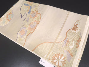 Fukuro Obi Vintage(1950-1980) Gold Crane Peony Kiku Michinagadori Silk BB57W4