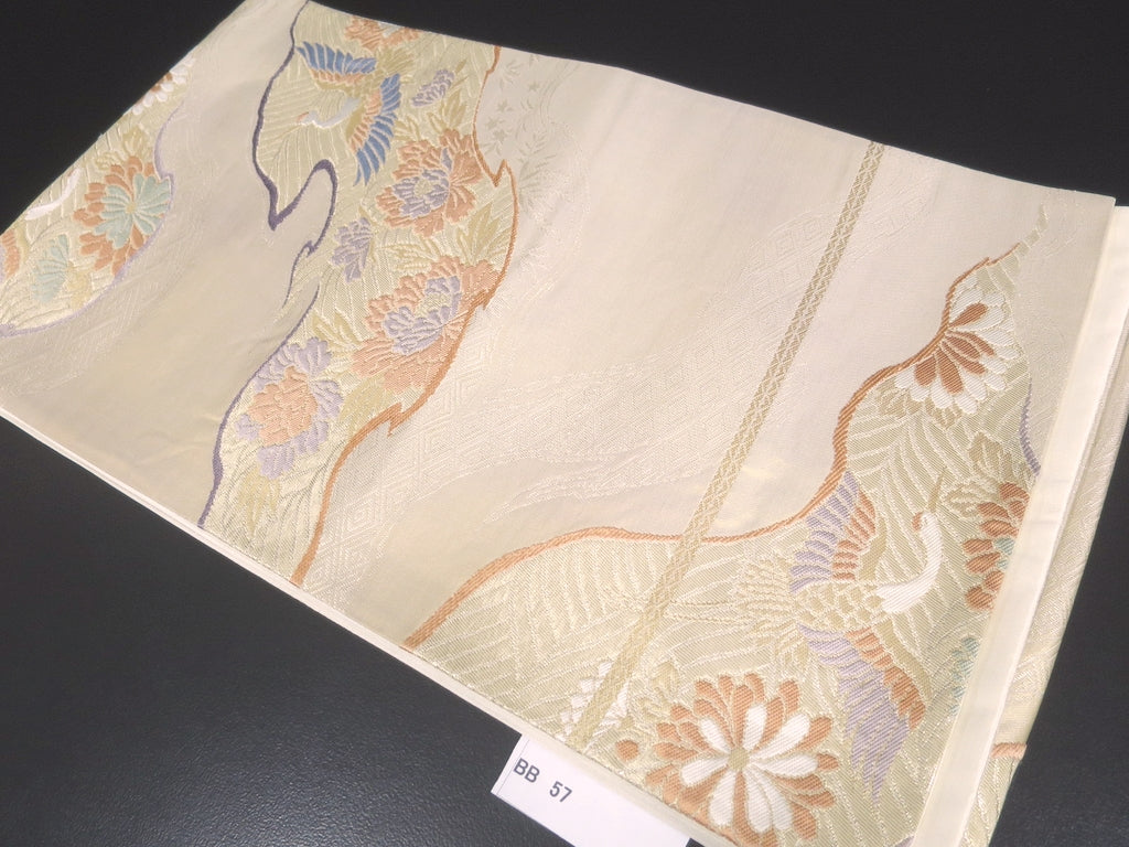 Fukuro Obi Vintage(1950-1980) Gold Crane Peony Kiku Michinagadori Silk BB57W4
