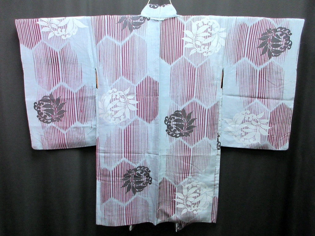 Haori Jacket Vintage(1920-1950) Light Blueish Gray Wine red Black Leaf Long Silk #7618H4